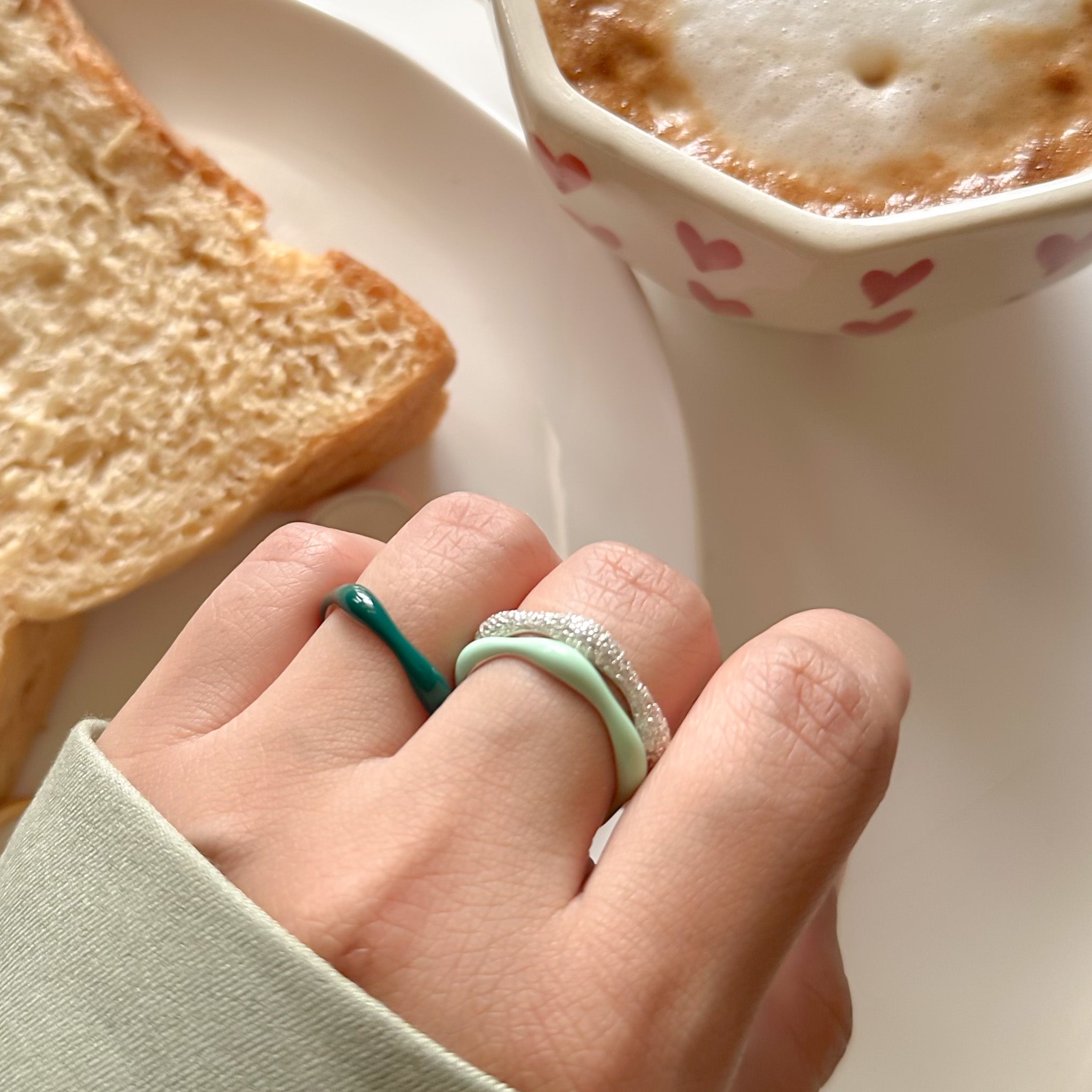 Sorbet Swirls Enamel & Diamond Swirls Stacker Ring Set in Matcha + Dark Green - Octonov 