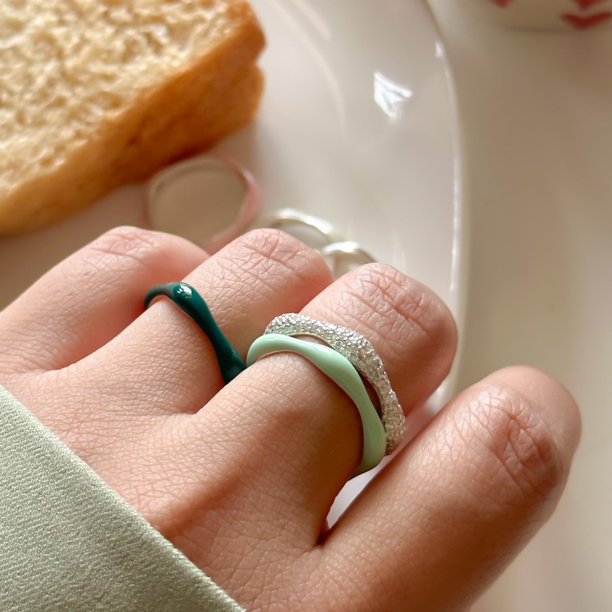 Sorbet Swirls Enamel & Diamond Swirls Stacker Ring Set in Matcha + Dark Green - Octonov 