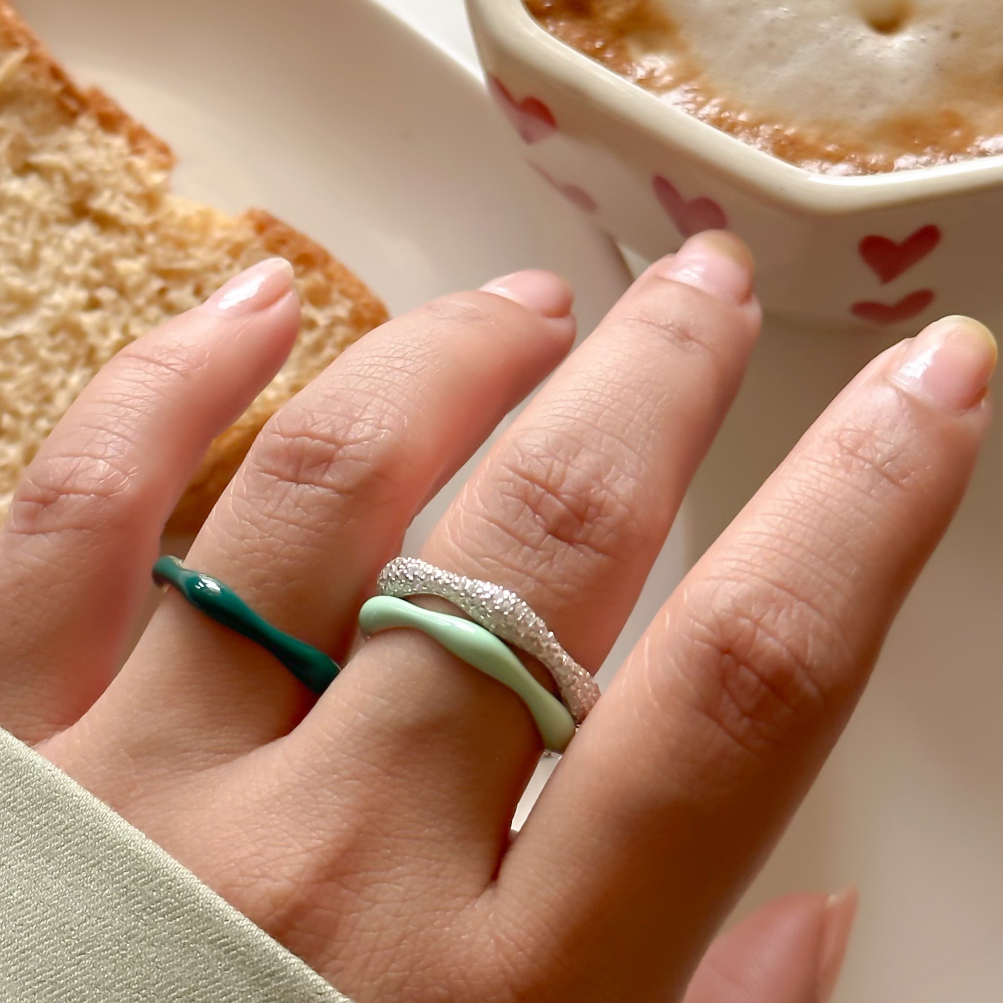 Sorbet Swirls Enamel & Diamond Swirls Stacker Ring Set in Matcha + Dark Green - Octonov 