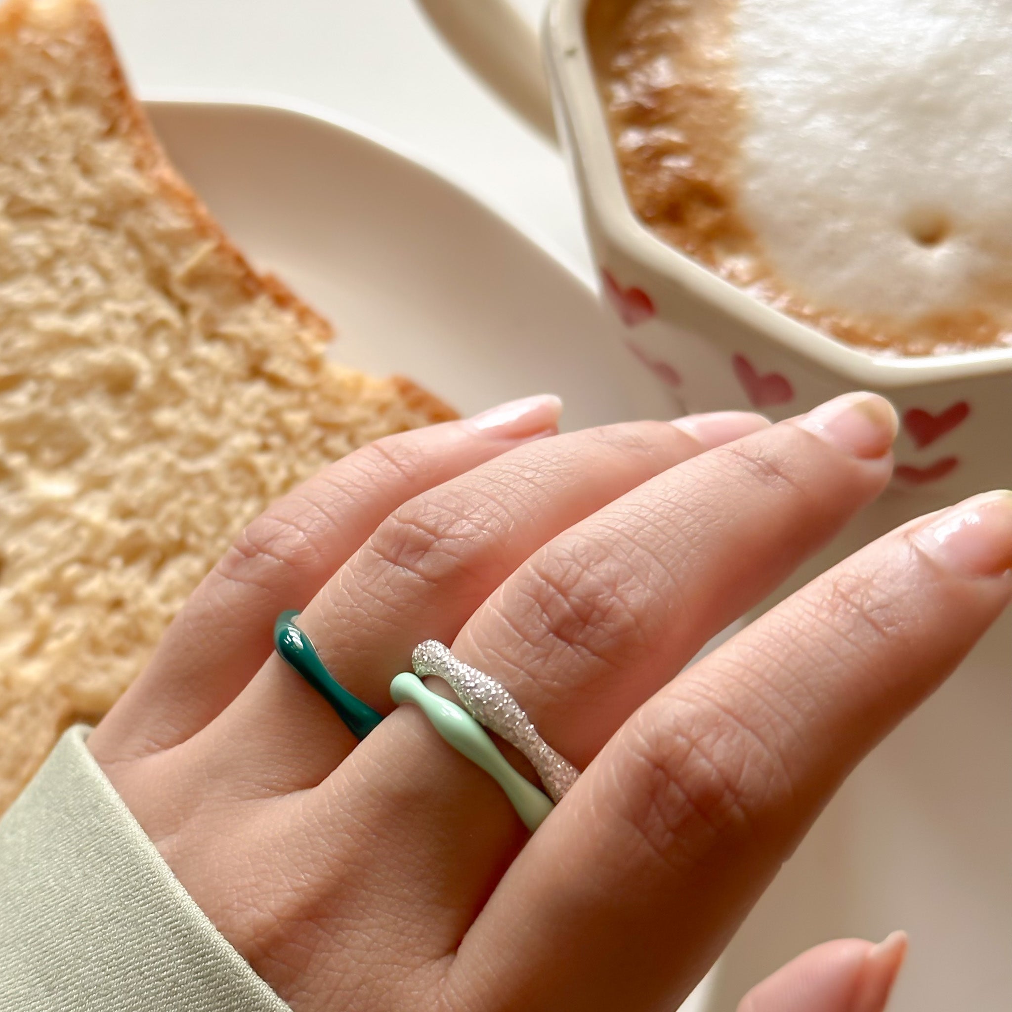 Sorbet Swirls Enamel & Diamond Swirls Stacker Ring Set in Matcha + Dark Green - Octonov 