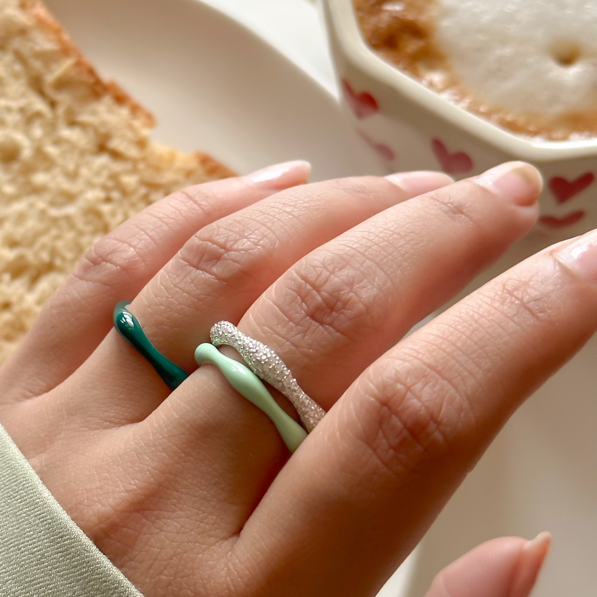 Sorbet Swirls Enamel & Diamond Swirls Stacker Ring Set in Matcha + Dark Green - Octonov 