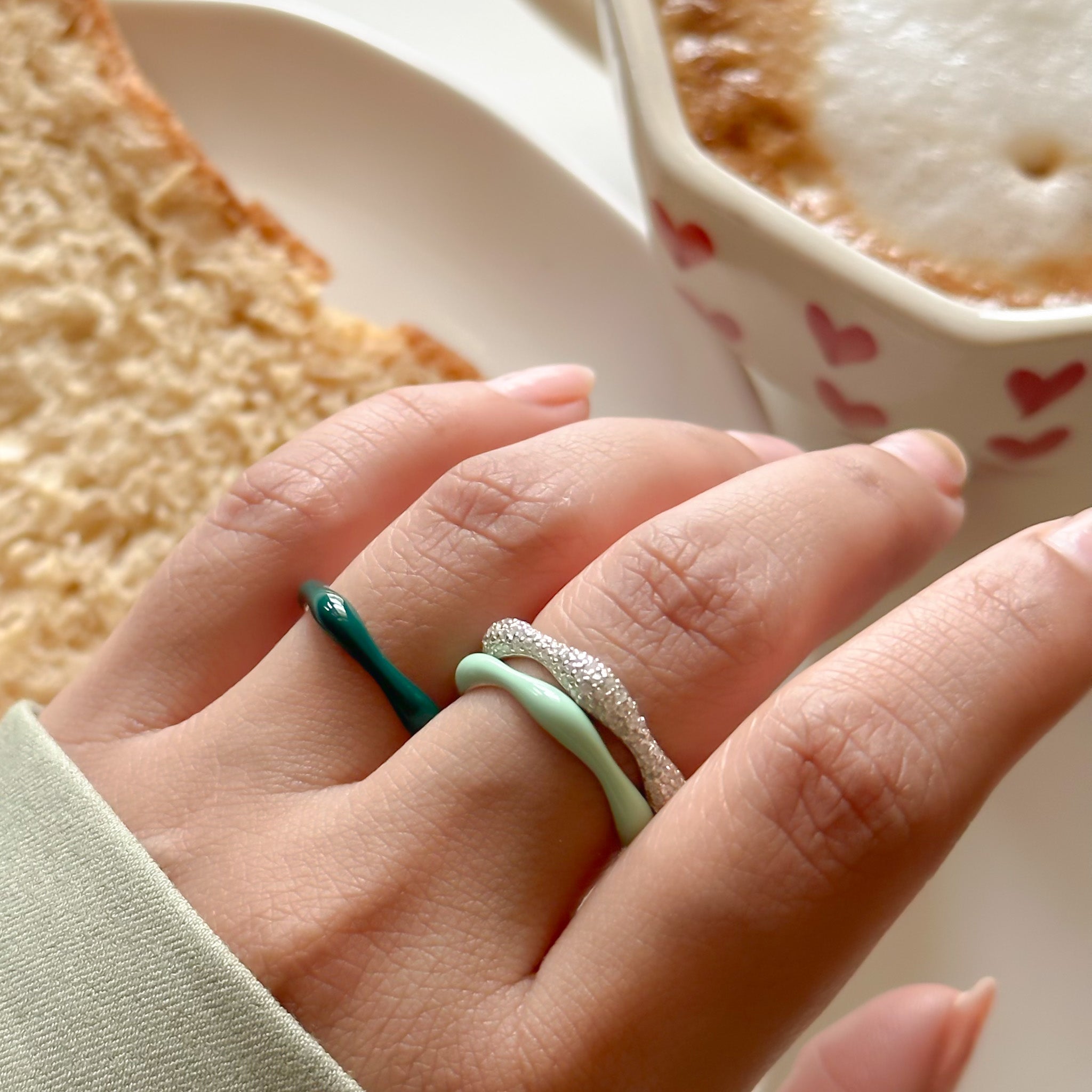 Sorbet Swirls Enamel & Diamond Swirls Stacker Ring Set in Matcha + Dark Green - Octonov 