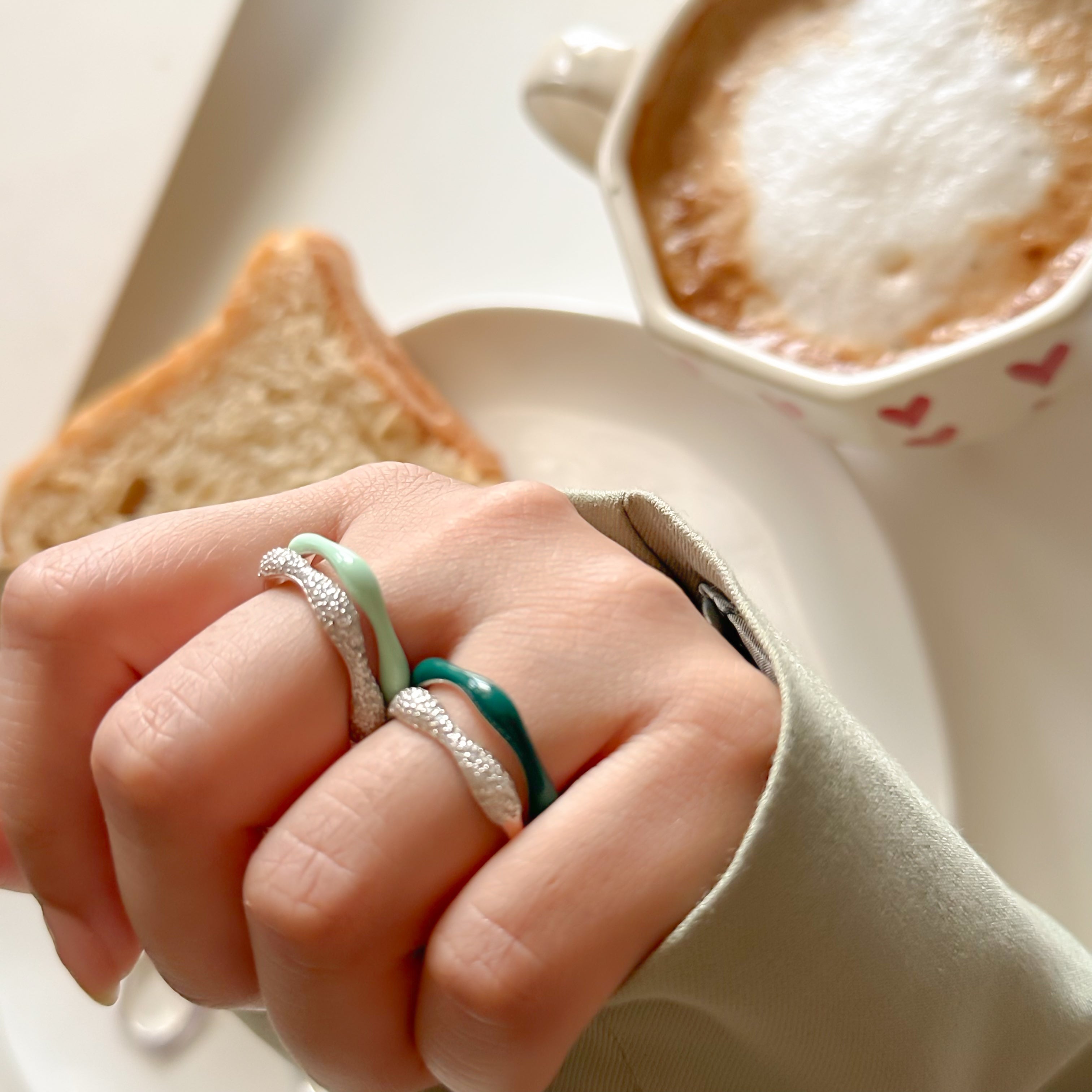 Sorbet Swirls Enamel & Diamond Swirls Stacker Ring Set in Matcha + Dark Green - Octonov 